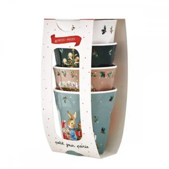 Zestaw czterech ceramicznych kubków 220 ml z motywem świątecznym i postacią królika dla dzieci. Petit Jour Kubek 220 mlx4 SET Peter Rabbit Christmas