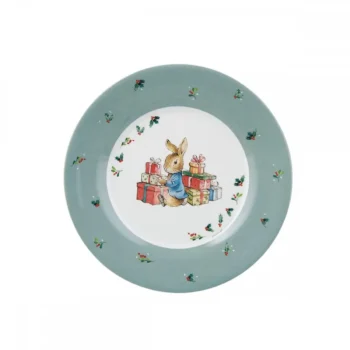 Talerz ceramiczny z motywem królika i prezentów dla dziecka świąteczny wzór zielona obręcz z jemiołą. Petit Jour Talerz fi 20cm Peter Rabbit Christmas Gifts