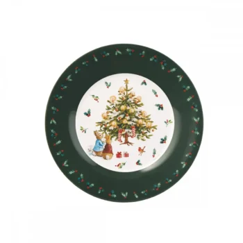 Talerz ceramiczny z motywem choinki i postacią królika dla dziecka. Petit Jour Talerz fi 20cm Peter Rabbit Christmas Tree