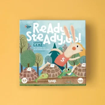 Gra kooperacyjna Ready Steady Go z ilustracją zająca i żółwi na niebieskim tle dla dzieci 5 9 lat. Londji Gra kooperacyjna Ready Steady Go!