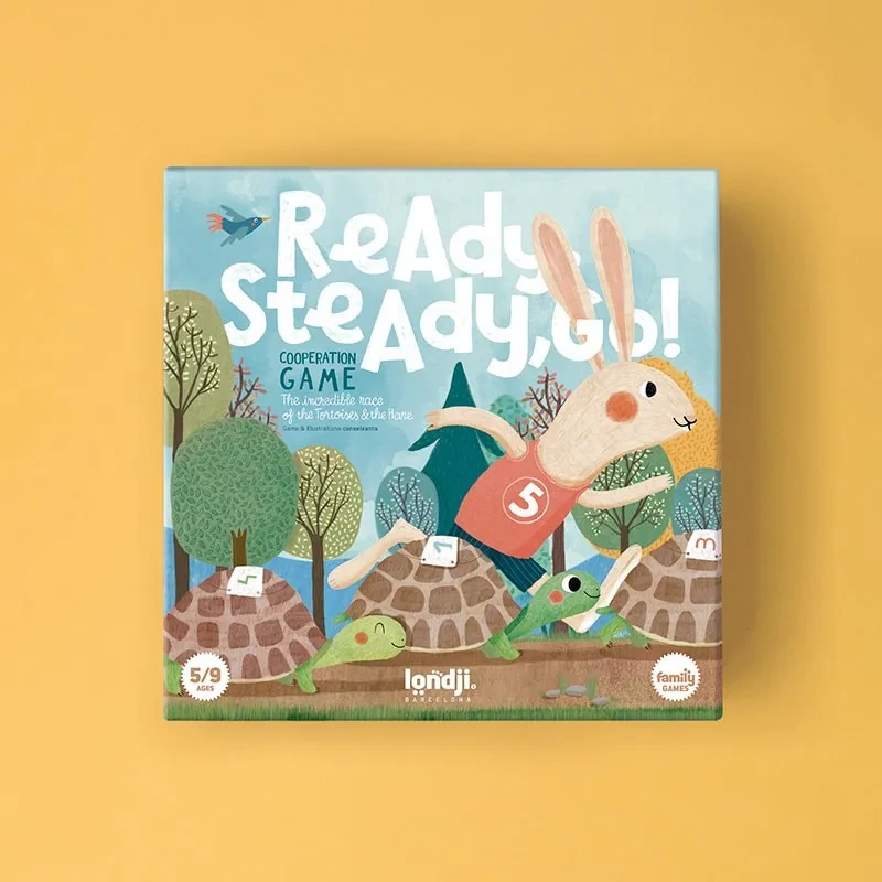 Gra kooperacyjna Ready Steady Go z ilustracją zająca i żółwi na niebieskim tle dla dzieci 5 9 lat. Londji Gra kooperacyjna Ready Steady Go!