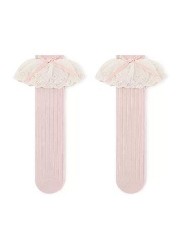 Różowe podkolanówki dziewczęce z koronkową falbaną i kokardką dla dziecka. Fig&Pear Baby Pink podkolanówki dziewczęce z koronką