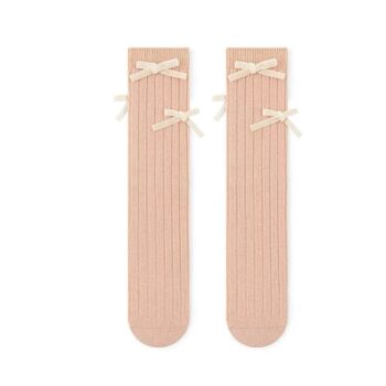 Różowe podkolanówki dziecięce z aksamitnymi kremowymi kokardkami. Fig&Pear Podkolanówki z aksamitnymi kokardkami Salmon Pink