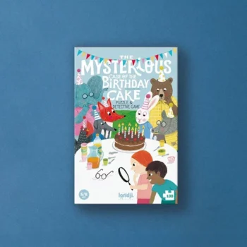 Pudełko z ilustracją zwierząt i dzieci przy stole z tortem gra detektywistyczna dla dzieci puzzle 100 elementów. Londji Puzzle i gra Tajemnicza sprawa urodzin