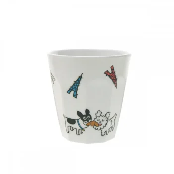 Kubek ceramiczny o pojemności 220ml z kolorowym wzorem przedstawiającym psy i wieżę Eiffla. Petit Jour Kubek 220ml Doggy in