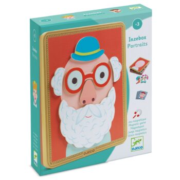 Magnetyczne puzzle z elementami twarzy starszego mężczyzny z brodą i okularami dla dzieci powyżej 3 lat. Djeco Magnetyczne puzzle Inzebox PORTRETY