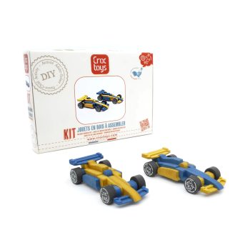 Drewniane modele wyścigowych samochodów formuła w kolorze niebiesko-żółtym do samodzielnego montażu dla dzieci. Croc Toys DIY Drewniany pojazd: 2xFormuła