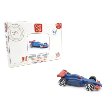 Drewniany niebieski model samochodu wyścigowego formuła do samodzielnego montażu dla kolekcjonerów. Croc Toys DIY Drewniany pojazd: 1xFormuła