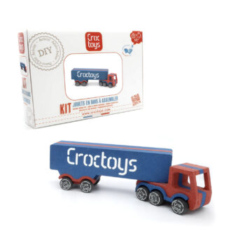 Drewniany niebiesko-czerwony pojazd do samodzielnego montażu dla dzieci. Croc Toys DIY Drewniany pojazd: Rémy