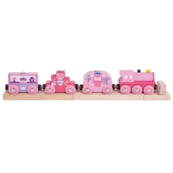 Drewniana różowa kolejka z wagonikami z motywem księżniczki dla dziecka. Bigjigs Toys Drewniana różowa kolejka księżniczki