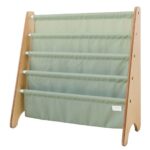 Stojak na książki z zielonymi materiałowymi kieszeniami i drewnianą ramą dla dzieci. 3 Sprouts Stojak na Książki Recycled Solid Green