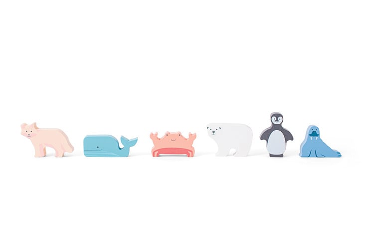 Drewniane figurki zwierząt arktycznych różne kolory dla dzieci. BS Toys Drewniany sorter Zwierzęta Arktyki
