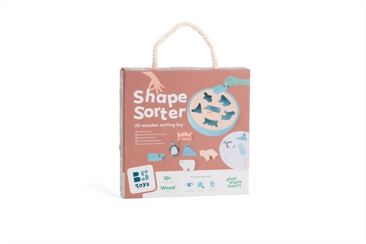 Drewniany sorter kształtów zwierzęta arktyki dla dzieci z uchwytem do przenoszenia. BS Toys Drewniany sorter Zwierzęta Arktyki