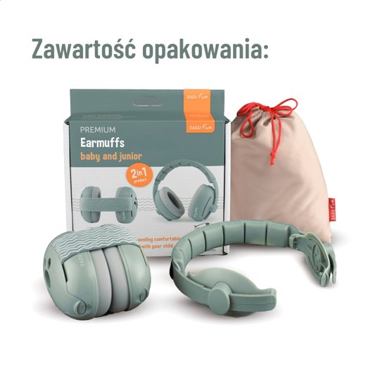 Zielone słuchawki wygłuszające dla dzieci i niemowląt z regulacją i woreczkiem do przechowywania. Zazu Fun Słuchawki Wygłuszające dla Dzieci i Niemowląt Sage