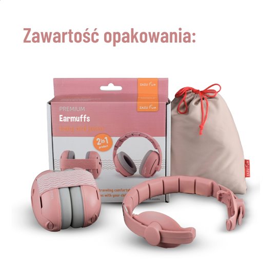 Różowe słuchawki wygłuszające 2w1 dla dzieci i niemowląt z regulowanym pałąkiem i woreczkiem do przechowywania. Zazu Fun Słuchawki Wygłuszające 2w1 dla Dzieci i Niemowląt Pink