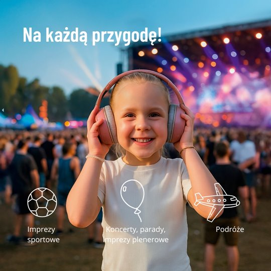 Dziewczynka w różowych słuchawkach wygłuszających na tle sceny koncertowej dla dzieci i niemowląt. Zazu Fun Słuchawki Wygłuszające 2w1 dla Dzieci i Niemowląt Pink