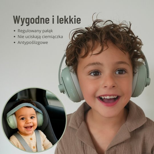 Zielone słuchawki wygłuszające 2w1 dla dzieci i niemowląt na regulowanym pałąku na głowie chłopca i niemowlę w słuchawkach. Zazu Fun Słuchawki Wygłuszające 2w1 dla Dzieci i Niemowląt Pink