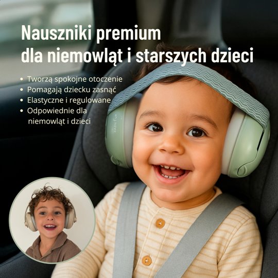 Zielone słuchawki wygłuszające nauszniki dla niemowląt i dzieci na głowie uśmiechnięte dziecko beżowy sweter. Zazu Fun Słuchawki Wygłuszające 2w1 dla Dzieci i Niemowląt Pink