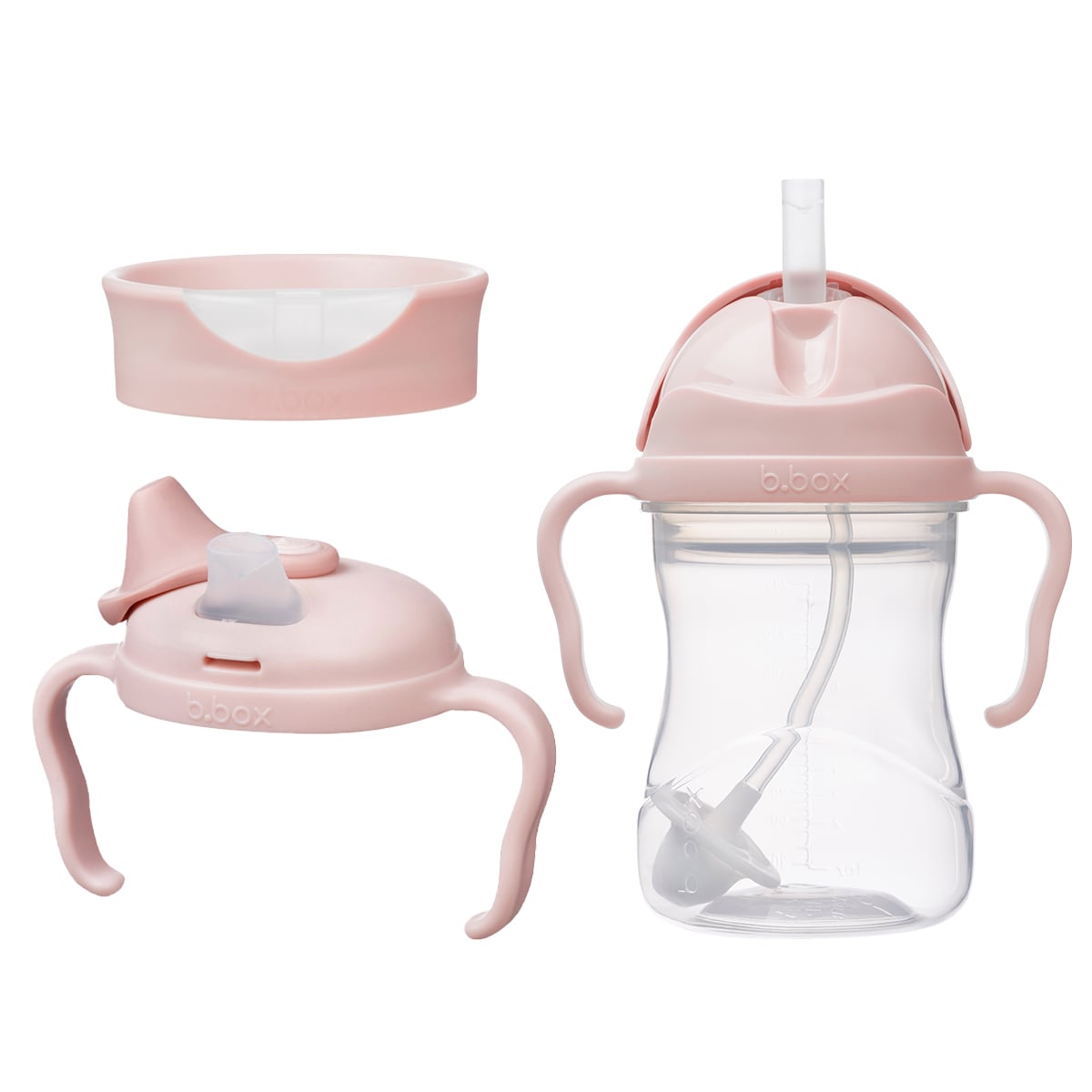 Zestaw kubek niekapek 3w1 przezroczysty z różowymi elementami dla dziecka. b.box Kubek 3w1 zestaw 240ml Blush