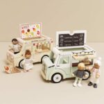 Drewniany zestaw samochodów retro lodziarnia kawiarnia kamper z figurkami dla dzieci. Le Toy Van Zestaw samochodów retro Lodziarnia Kawiarnia Kamper zabawka