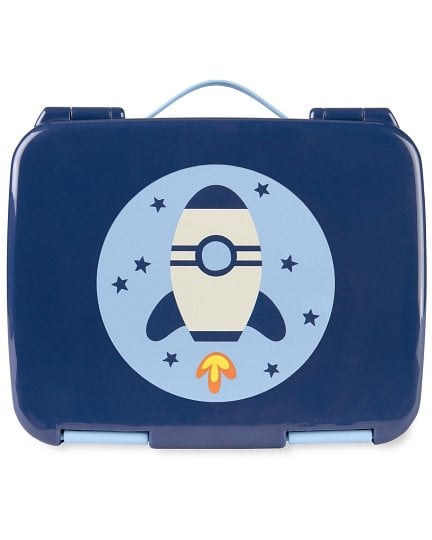 Granatowa śniadaniówka dla dziecka z motywem rakiety i gwiazdek z uchwytem do przenoszenia. Skip Hop Lunchbox dla Dziecka Bento Rakieta Spark Style