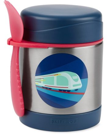 Stalowy termos dla dziecka z niebieską pokrywką i różową łyżeczką z nadrukiem pociągu. Skip Hop Termos dla Dziecka Pociąg 325ml Spark Style 325 ml