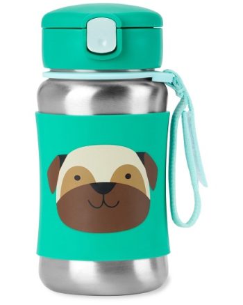 Bidon termiczny ze stali nierdzewnej turkusowy z nadrukiem mopsa dla dziecka 350 ml z uchwytem na rękę. Skip Hop Bidon dla Dziecka Termiczny Mops 350ml ZOO 350 ml