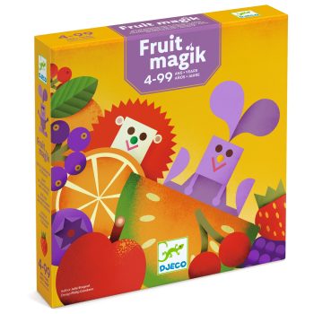 Pudełko gry zręcznościowej z kolorowymi owocami i postaciami dla dzieci i dorosłych. Djeco Gra zręcznościowa FRUIT MAGIK