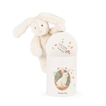 Pluszowy biały królik dla dziecka w ozdobnym pudełku z motywem królika i liści. Moulin Roty Pluszowy królik LOUISON w ozdobnym pudełku