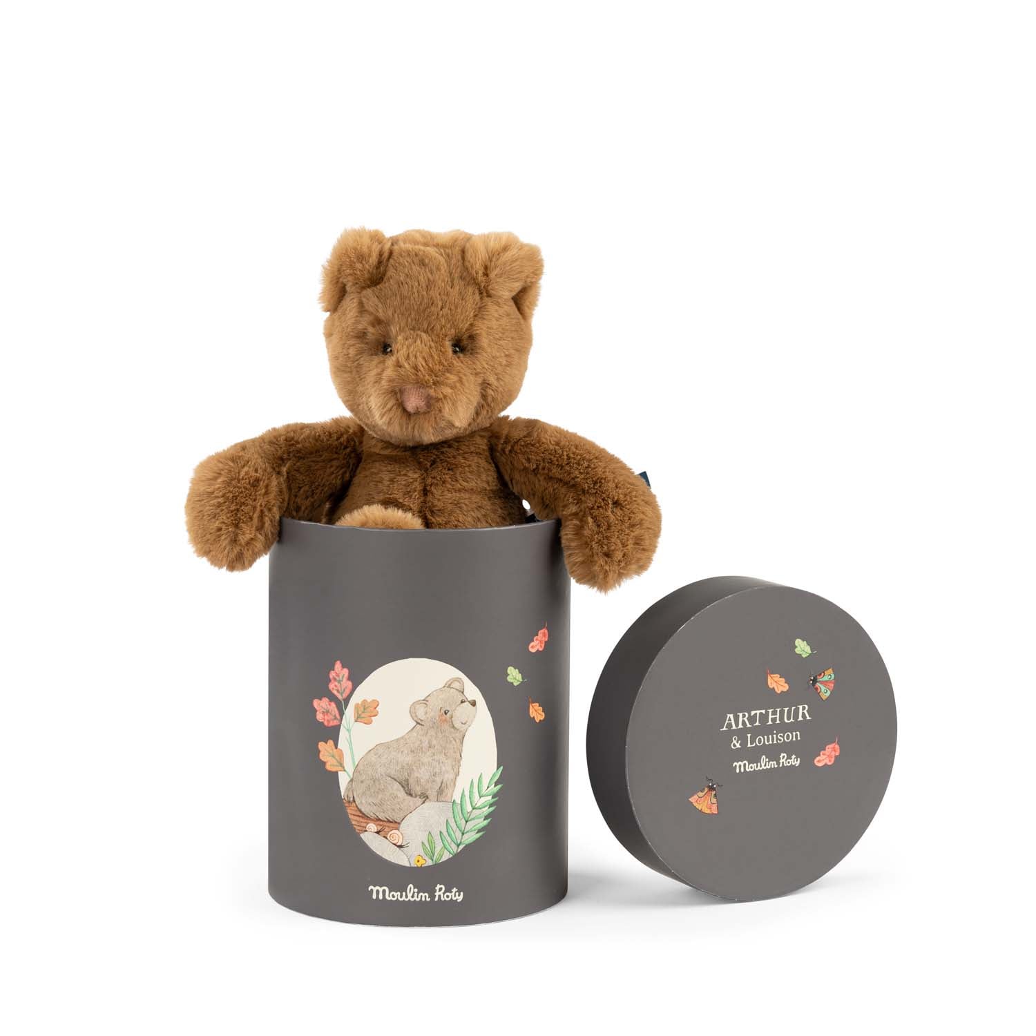 Pluszowy brązowy miś dla dziecka w okrągłym szarym pudełku z motywem zwierzęcym. Moulin Roty Pluszowy miś ARTHUR w ozdobnym pudełku