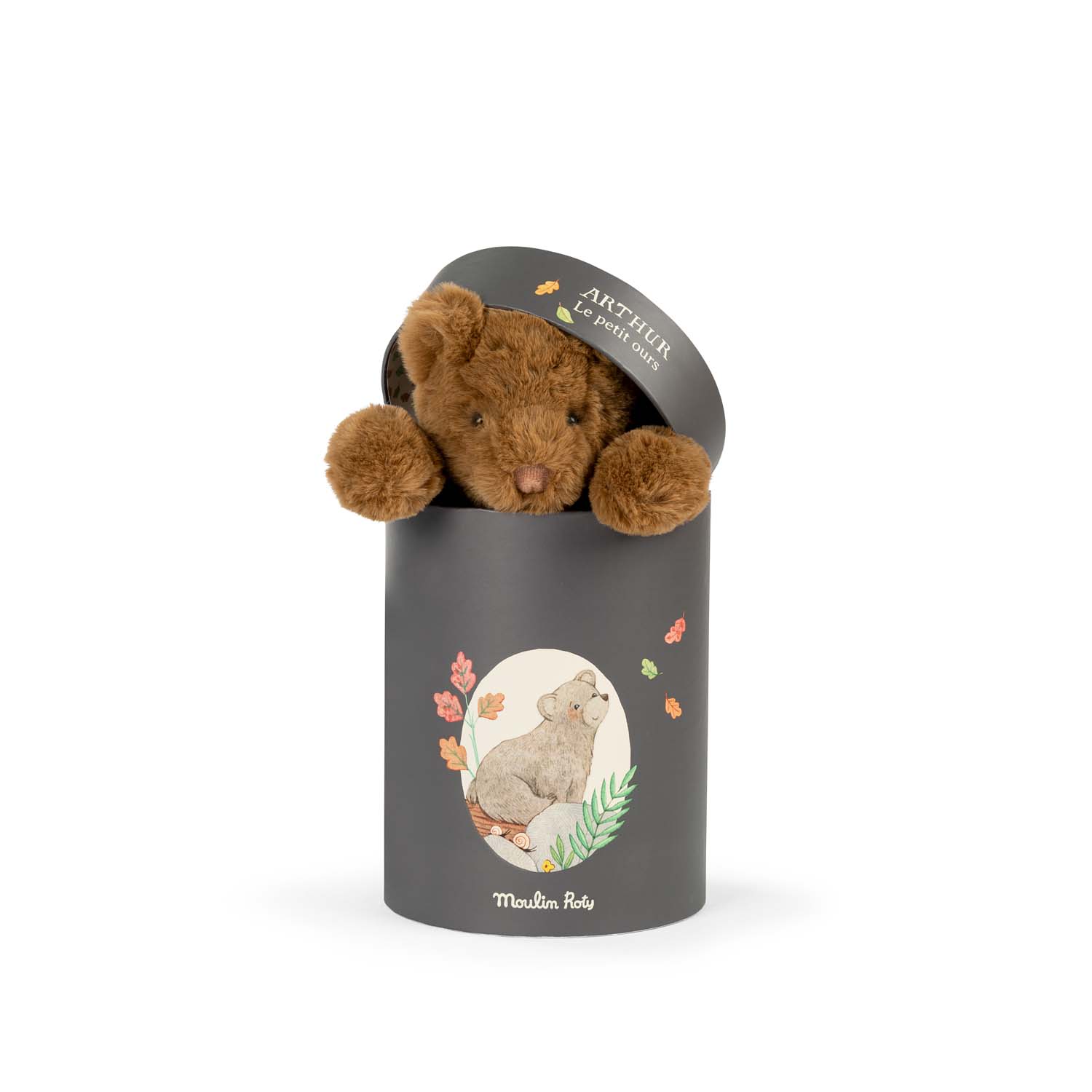 Pluszowy brązowy miś dla dziecka w ozdobnym szarym pudełku z motywem misia i liści. Moulin Roty Pluszowy miś ARTHUR w ozdobnym pudełku