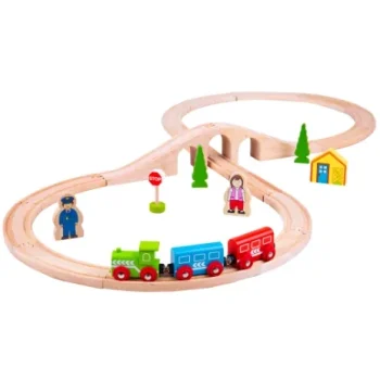 Drewniana kolejka tor w kształcie ósemki z lokomotywą wagonikami i figurkami dla dziecka. Bigjigs Toys Drewniana Kolejka Ósemka