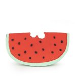 Czerwony gryzak arbuz dla niemowlaka z czarnymi pestkami i zieloną skórką. Oli & Carol Gryzak Zabawka Arbuz Wally Watermelon