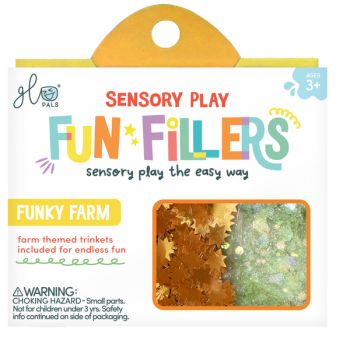 Wkład do słoika sensorycznego figurki i brokat w kolorze pomarańczowym i złotym dla dzieci powyżej 3 lat. Glo Pals FARMA Fun Fillers Wkład figurki brokaty do słoików zabaw sensorycznych