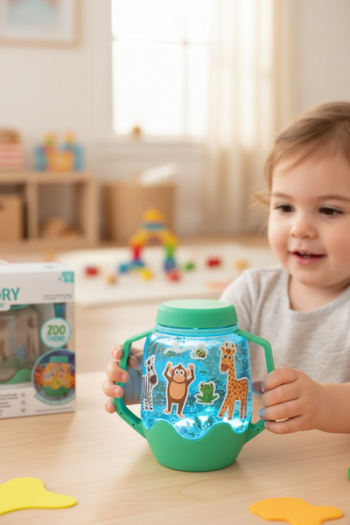 Dziecko trzyma świecący słoik sensoryczny z brokatem i naklejkami zwierząt dla małego odkrywcy. Glo Pals ZOO Zestaw sensoryczny DIY świecący słoik z brokatami i figurkami Fun Fillers +naklejki gratis