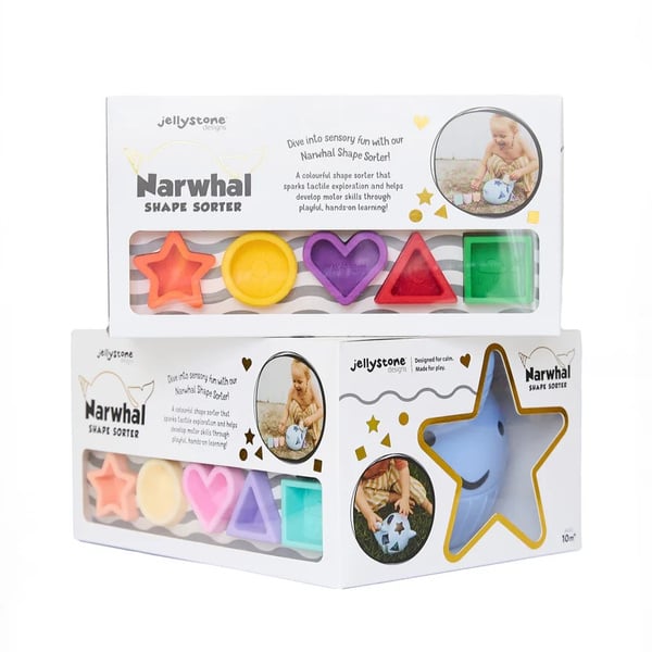 Sorter kształtów w kształcie piramidy z kolorowymi elementami dla niemowląt i małych dzieci. Jellystone Designs Jellystone Morski Sorter Kształtów