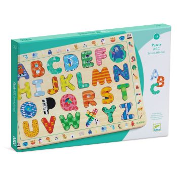 Drewniane puzzle z literami alfabetu w kolorach dla dzieci edukacyjne układanka. Djeco Drewniane puzzle ALFABET