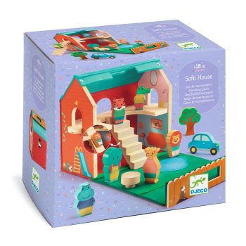 Drewniany domek z figurkami zwierząt i samochodem dla dzieci do zabawy. Djeco Drewniany domek z figurkami SOFTIHOUSE