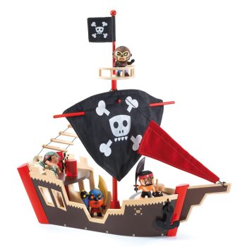 Drewniany statek piracki z czarnymi i czerwonymi żaglami oraz trzema figurkami piratów dla dzieci. Djeco Statek piracki (drewniany)