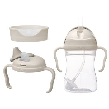Kubek niekapek 3w1 przezroczysty z beżowymi elementami i uchwytami dla dziecka. b.box Kubek 3w1 zestaw 240ml Latte