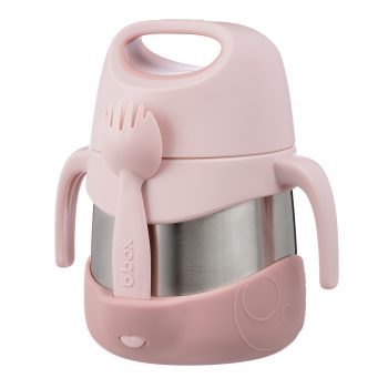 Różowy termos na jedzenie ze stali nierdzewnej z uchwytami i łyżko-widelcem dla dziecka. b.box Termos na jedzenie 335ml Blush Crush