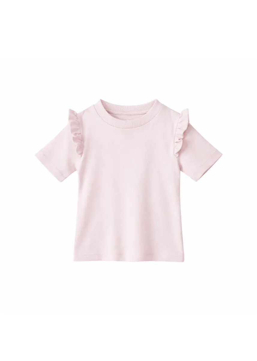 Jasnoróżowa koszulka dla dziewczynki z krótkim rękawem i falbankami przy ramionach. Fig&Pear Jasnoróżowy T-shirt dla dziewczynki