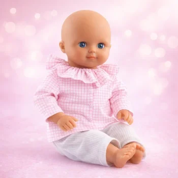 Lalka bobas z miękkim ciałem ubrana w różową bluzkę w kratkę i białe spodnie siedząca na różowym tle dla dziecka. Djeco Lalka Alba 32 Cm KOLEKCJA POMEA