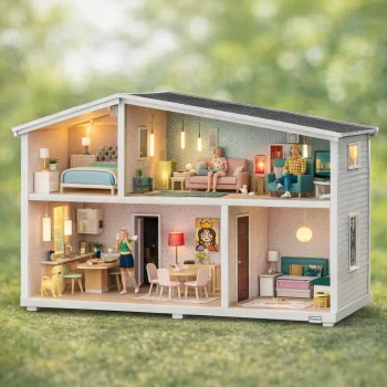 Drewniany domek dla lalek z oświetleniem i umeblowaniem w stylu nowoczesnym z dwiema kondygnacjami dla dzieci. Lundby Domek dla Lalek