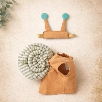 Strój ślimaka dla dziecka z miękkim brązowym tułowiem, szarozieloną spiralną muszlą i opaską z czułkami. Kid’s Concept Strój ślimaka