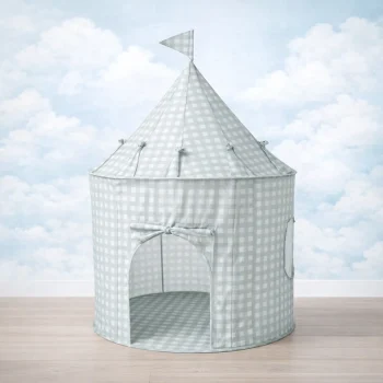Namiot dziecięcy w biało-niebieską kratkę z daszkiem i otworem wejściowym dla dziecka. 3 Sprouts Namiot dla Dzieci Recycled Gingham Blue