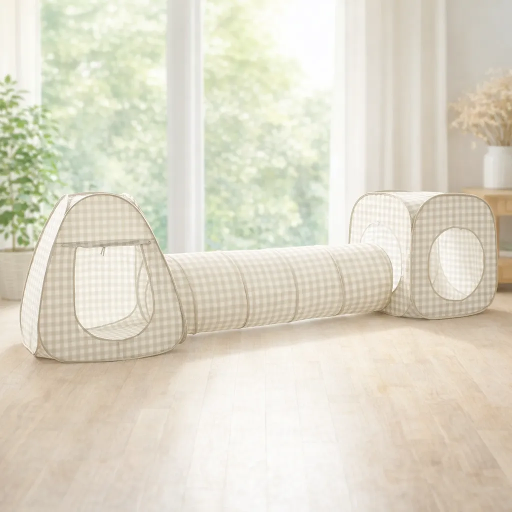Zestaw dziecięcych namiotów i tunelu do zabawy w beżową kratkę dla dzieci. 3 Sprouts Zestaw Namiotów dla Dzieci z Tunelem 3w1 Gingham Beige
