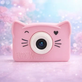 Różowy aparat fotograficzny dla dzieci w kształcie kota z obiektywem i wzorem wąsów oraz serduszka. Hoppstar Aparat fotograficzny dla dzieci Rookie Blush