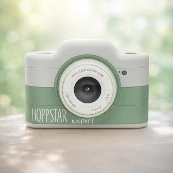 Aparat fotograficzny dla dzieci w kolorze zielonym i białym z podwójnym obiektywem. Hoppstar Aparat fotograficzny dla dzieci Expert Laurel