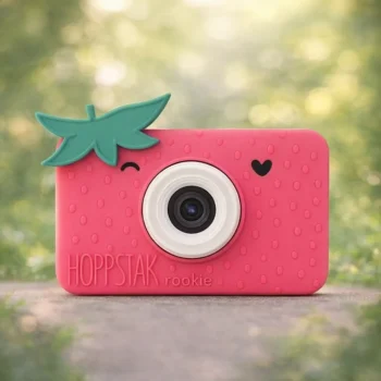 Różowy aparat fotograficzny dla dzieci w kształcie truskawki z zielonym liściem i obiektywem na środku. Hoppstar Aparat fotograficzny dla dzieci Rookie Strawbella